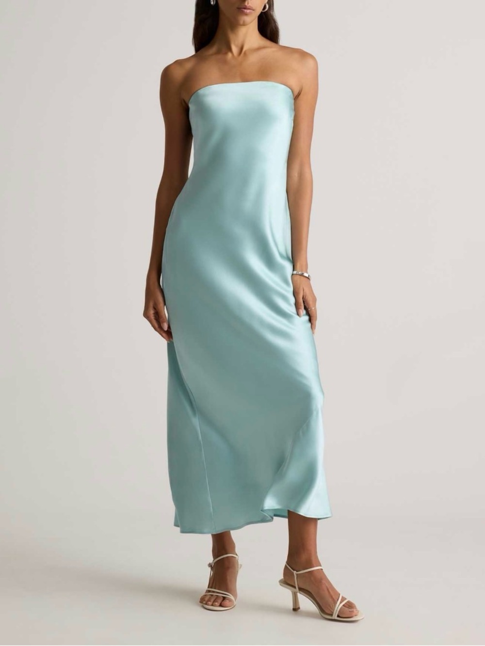 Quince Washable Silk Strapless Midi Dress S Aqua Pearl NWT Minimalist Wedding
